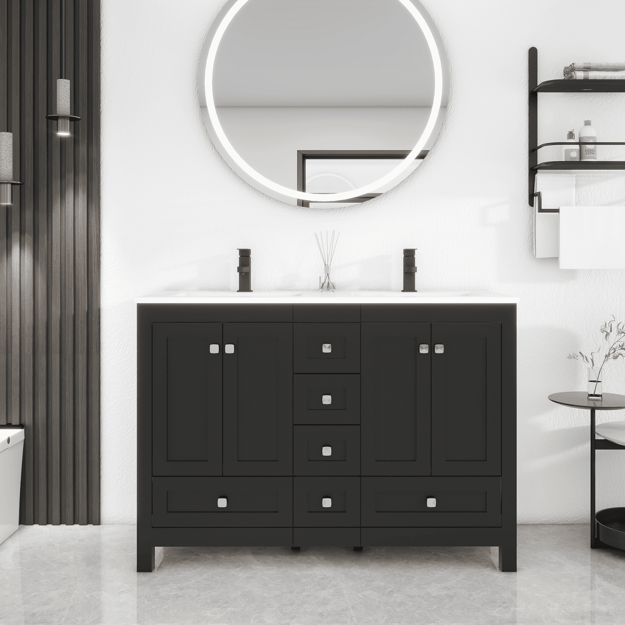 "eclife 48"" Freestanding Bathroom Vanity Set with Resin Double Sink Top, PU Paint, Water-Saving Faucet, Black"