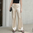 thumbnail image 2 of Levmjia Women's Satin Wide Leg Pants High Waisted Lounge Pants with Pockets Adjustable Drawstring Casual Trousers for Evening, 2 of 7