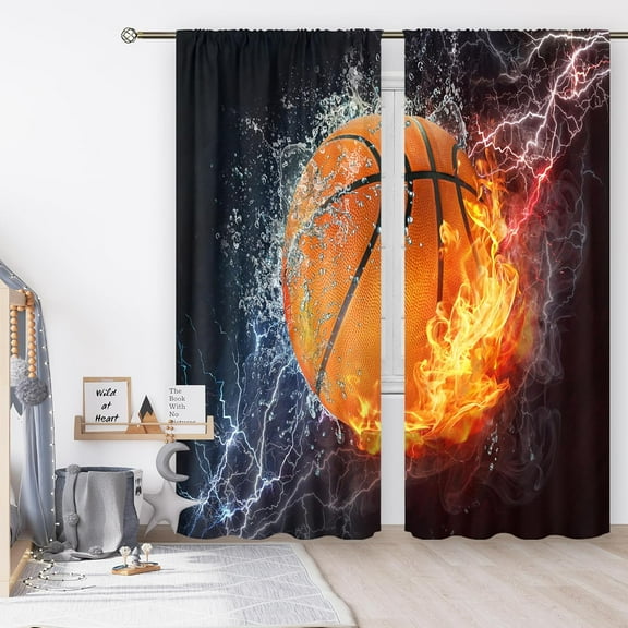 Boys Sports Curtains for Living Room Rod Pocket 52W x 84L Inch Basketball Wall Decor for Men Teens Kids Abstract Thunder Lightning 3D Ball Cool Basketball Bedroom Window Drapes Fabric 2 Panel