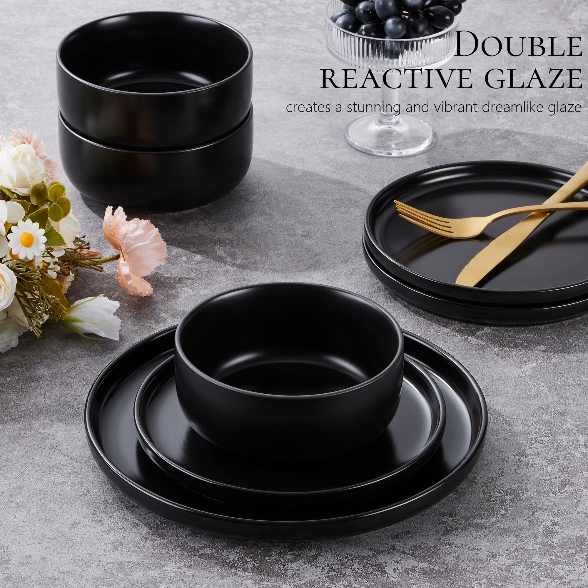 Vesteel Stoneware Dinnerware Set for 4, 12-Piece, Matte Black photo 4
