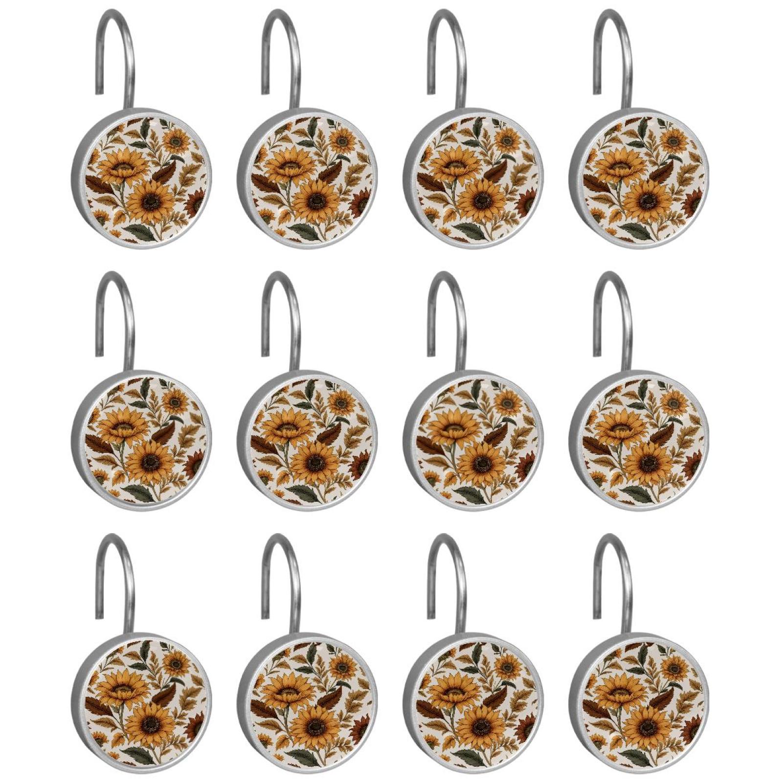 HemaKayy 12 Pcs Shower Curtain Hooks Bathroom Decorative Accessories Vintage Sunflower Blossoms