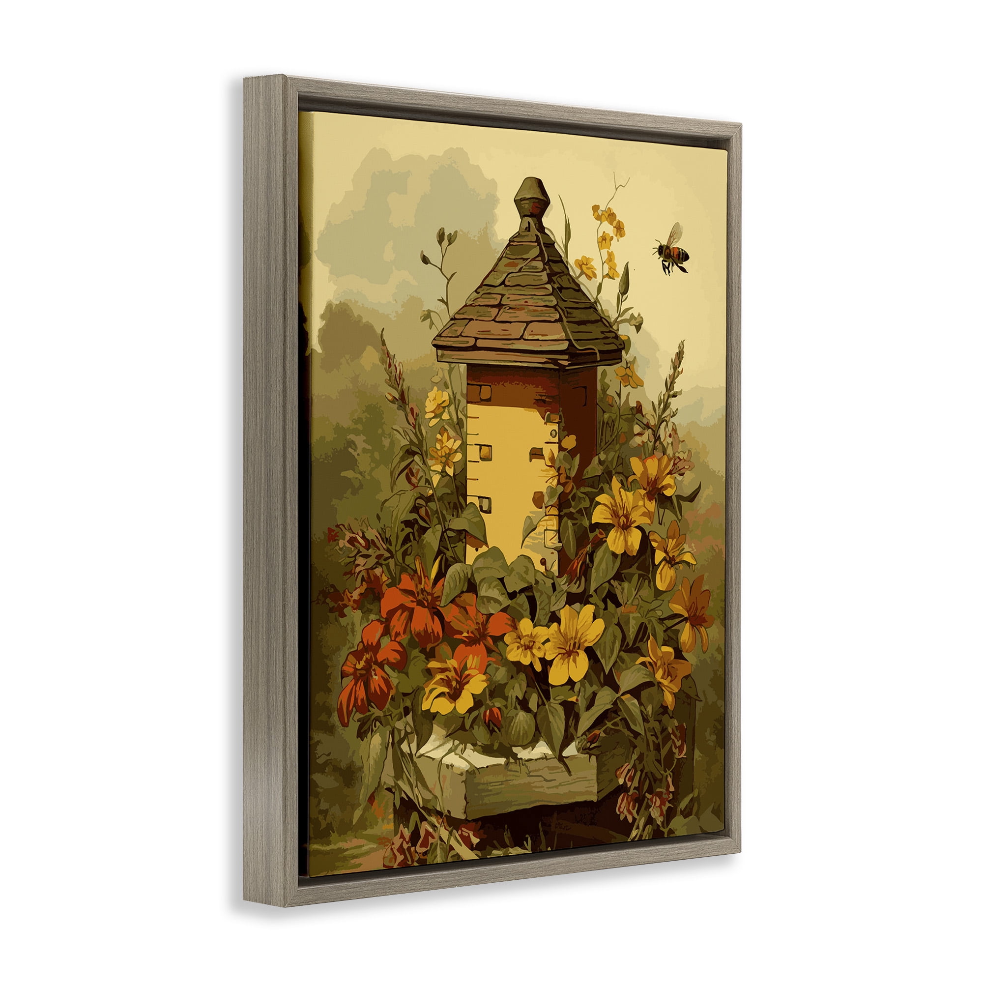 Stupell Industries Bees & Floral Architecture Botanical & Floral Painting Brown Floater Framed Canvas Art Print Wall Art, 25 x 31