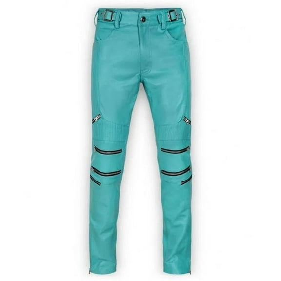 Beautifully Designed Blue Color 100% Lambskin Leather Motorcycle Atheletic Pant For Men Size -28