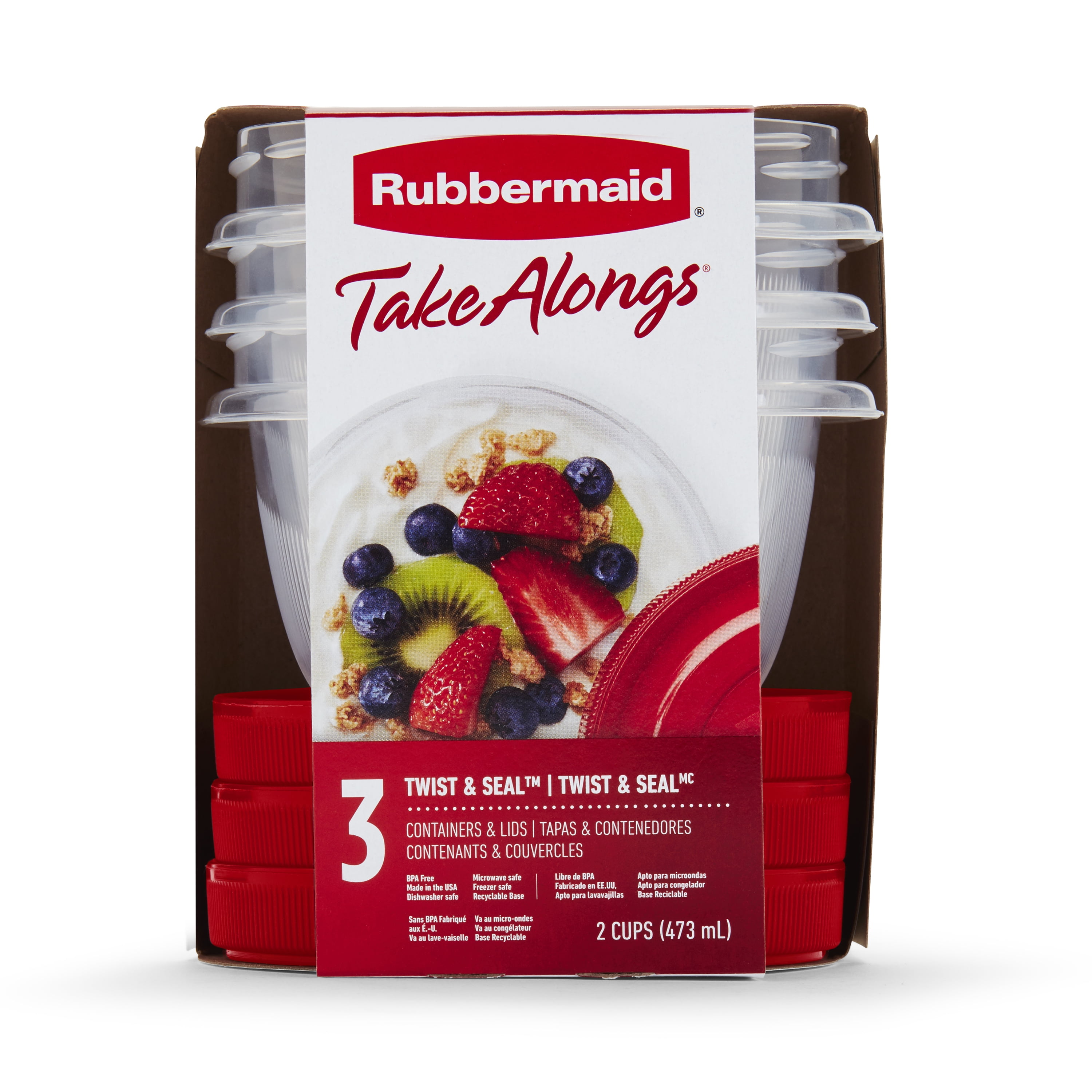 Rubbermaid TakeAlongs Twist & Seal 1.6-Cup Food Storage Containers, Ruby, 3-Pack