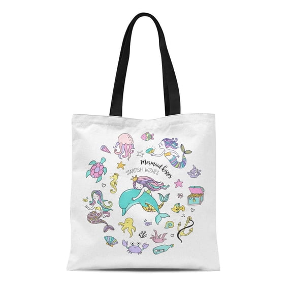 SIDONKU Canvas Tote Bag Under the Sea Little Mermaid Fishes and Starfish Reusable Shoulder Grocery Shopping Bags Handbag