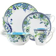 Round Porcelain Dinnerware Set, Blue Fiesta - 16 Piece