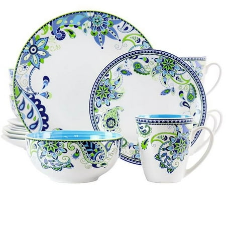 Round Porcelain Dinnerware Set, Blue Fiesta - 16 Piece