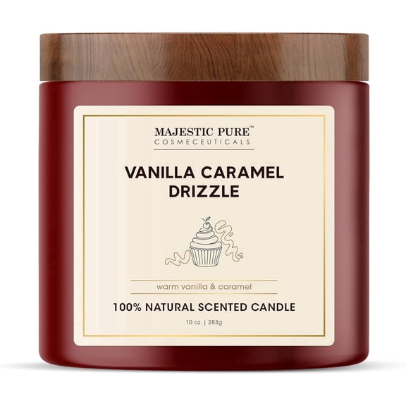 Majestic Pure Vanilla Caramel Scented Candle with Up to 45  Hours Burn Time, 2-Wick Candle, Soy Wax Blend for Clean & Consistent Burn, 10 oz Jar Candle with Room-Filling Fragrance, Drizzle