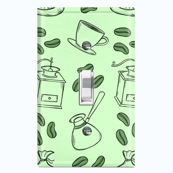 Metal Light Switch Wall Plate Outlet Cover (Coffee Espresso Mocha Bean Cup Maker Pistachio Green - Single Toggle)
