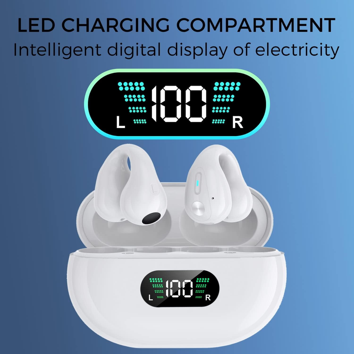 Open Ear Clip Headphones,Wireless Earbuds Bluetooth Sports Bone Conduction Earphones Built-in Mic with Ear Hooks,36H Playtime Charging Case LED Display,Waterproof Fitness Ear Buds for Running,White