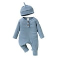 thumbnail image 1 of Baby Boys Waffle Rompers Solid Color Buttons Crew Neck Long Sleeve Infant Jumpsuits Fall Toddler Clothes Bodysuits with Hat, 1 of 9
