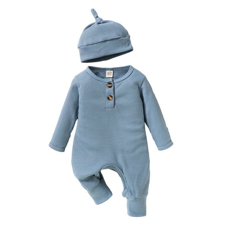 

AMILIEe Toddler Baby Boys Girls Waffle Rompers Buttons Long Sleeve Jumpsuits Bodysuits with Hat
