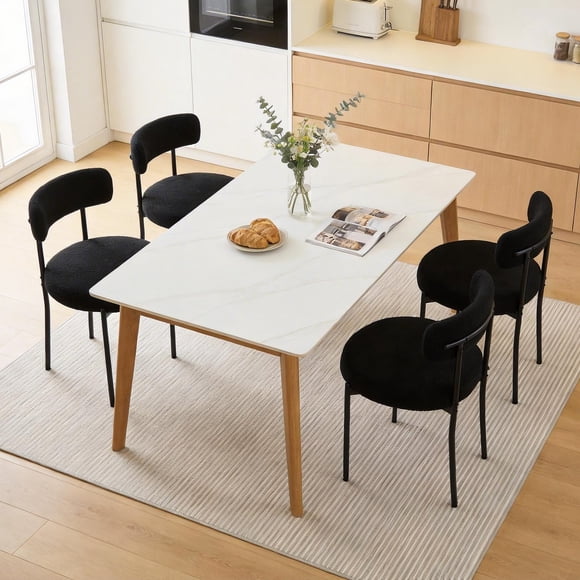 Teddy Fleece Round Dining Chair Set of 4, Upholstered Accent Seating with Metal Legs for Kitchen and Dining Room, Black