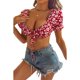 thumbnail image 3 of VISgogo Blusas cortas con estampado de flores para mujer, blusas cortas de manga corta con cordones, playera informal de corte bajo con ombligo VISgogo moda, 3 of 7