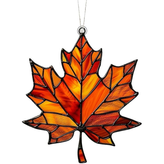 Minibee Maple Leaf Fall Stained Glass Window Hanging, 3.1" Fall Suncatcher Hanging Wall Art for Home Thanksgiving Decor
