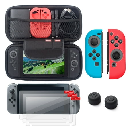Nintendo Switch 5 items Starter Kit, by Insten Carrying Case EVA Hard Shell Cover + 3-pack LCD Film + Joy-Con Controller Skin [Left BLUE/Right RED] + Joy-Con Thumb Grip Stick Caps for Nintendo