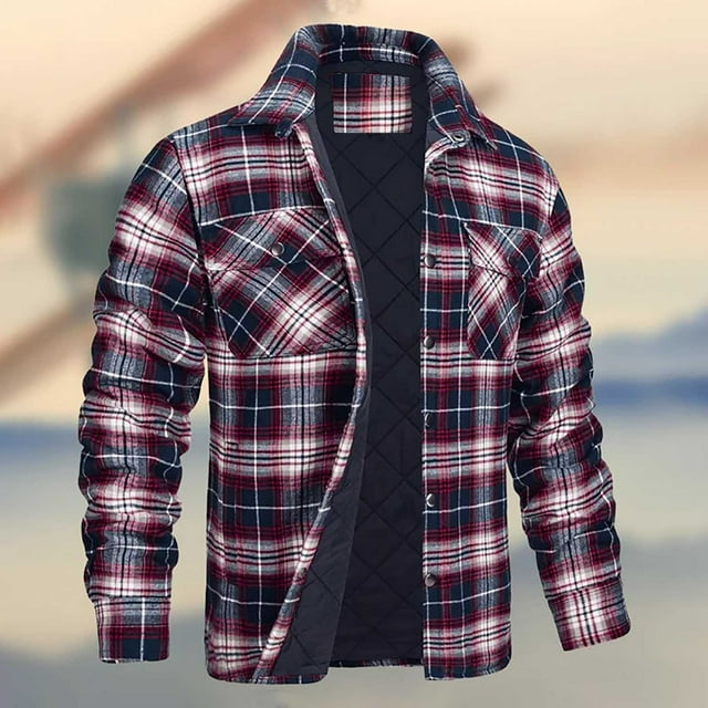 cllios Men's Quilted Lined Jackets Plus Size Plaid Outerwear Fall Button Down Shirt Jacket Modern Fit Long Sleeve Outdoor Work Jacket