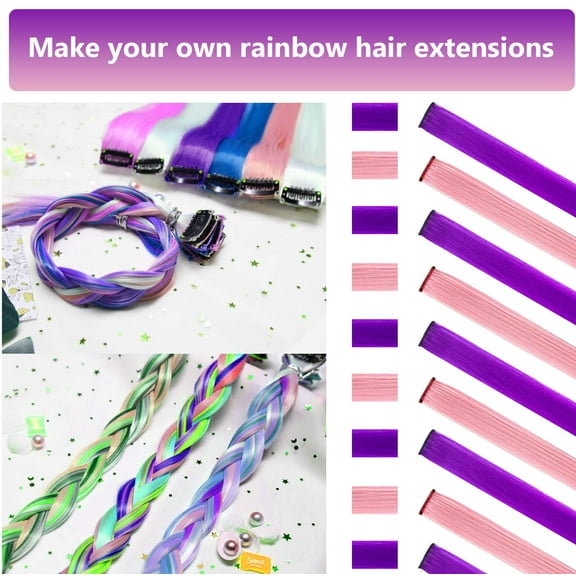 FGERFE-Colored Hair Extensions 10 PCS, Colorful Party Highlights Clip in Synthetic Hair Extensions, Purple and Pink Hairpieces for Girls Women Kids Party Favors Hair Pieces 22 In
