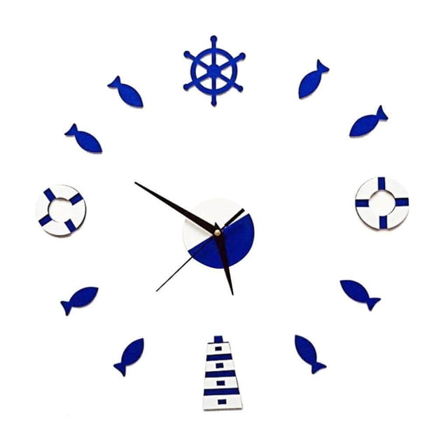 thinsony Mediterranean Style Wall Clock Rudder Tower Small Fish DIY Mute Clock Blue