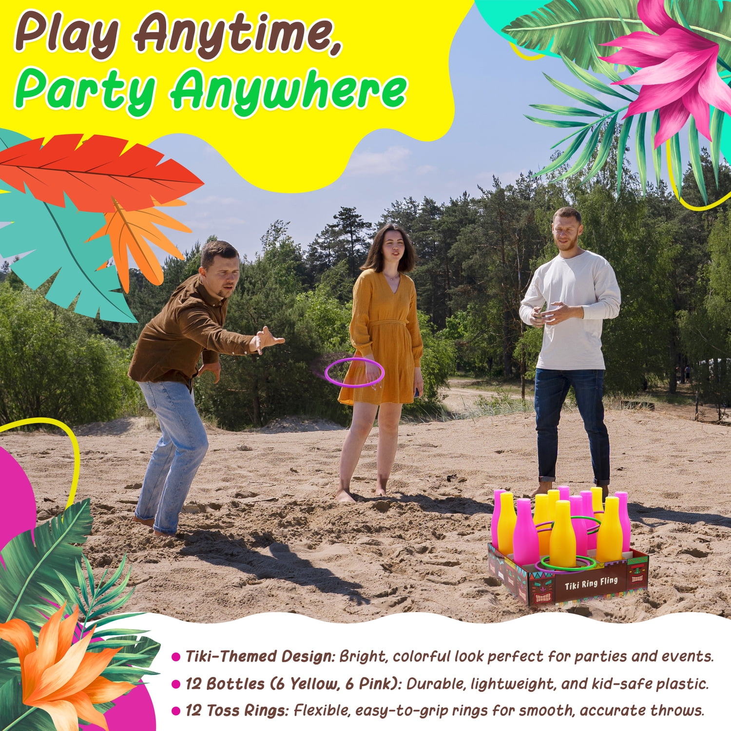 4E's Novelty Tiki Bottle Ring Toss Game Set, 12 Colorful Bottles, Luau Party Games