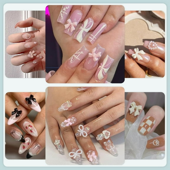 600 Pcs 3D Nail Charms and Flatback Pearls Set 1, 8 Colors Nail Bows Charm Pink&White Star Heart Moon Cute Nail Charms Jewels 2-4mm White Nail Pearls for Nail Art DIY D ration with Pickup Tools