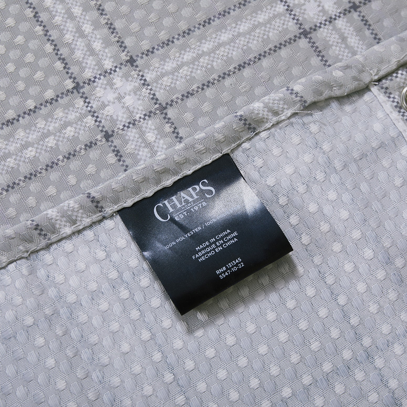 Chaps Shower Curtains with Hooks - Linen Textured Waterproof Curtain 10 Easy-slide Hooks - Gray Plaid - Size 72 x 72"