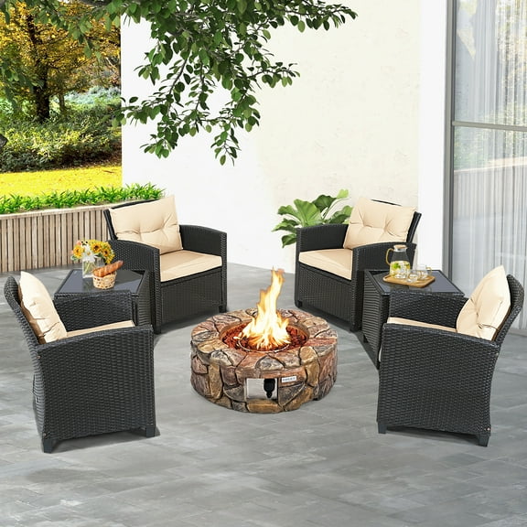 Costway 7PCS Patio Rattan Wicker Furniture Set Gas Fire Pit Table Sofa Cushion