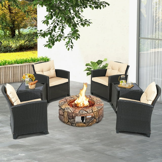 Costway Ensemble de Mobilier de Terrasse en Rotin Osier 7 Pcs Table de Foyer au Gaz Canapé Coussin