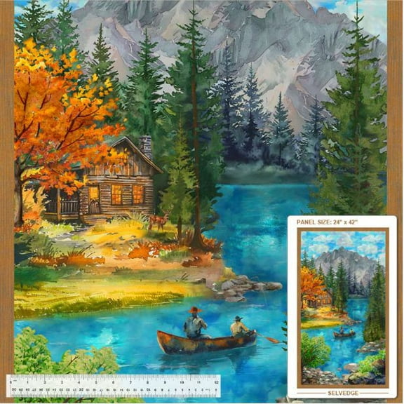 24" X 42" Panel Peaceful Waters Outdoor Adventure Cabin in Woods Mountains Pine Trees Canoe Autumn Windham Fabrics Cotton Fabric Panel (54495DP-1)