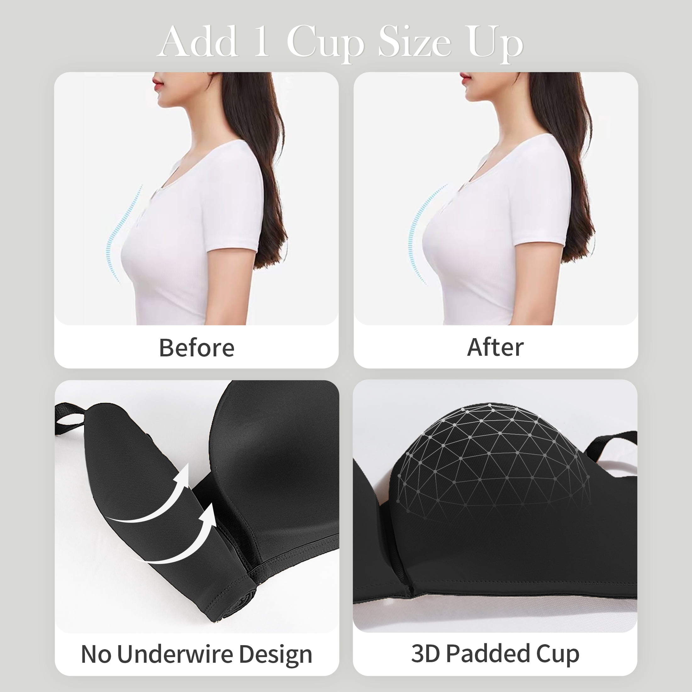ANYIRIS Push Up Bras for Women Add 1 Cup Wireless Balconette Demi Plunge Multiway Comfort Smooth Everyday T-Shirt Bra Black 40A