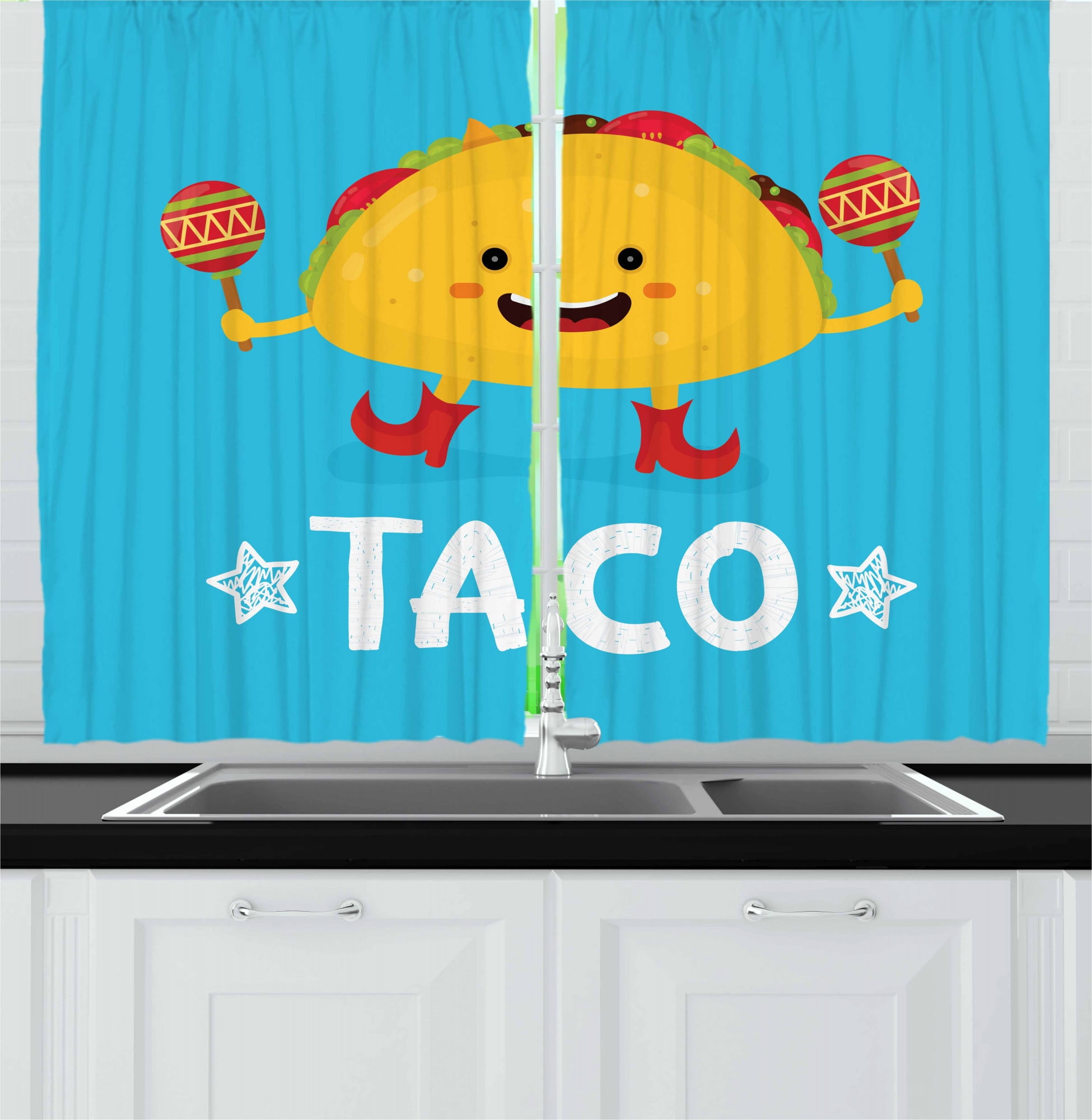 Mexican Kitchen Curtains, Dancing Funny Taco Smiling Face and Maracas  Cartoon, Two Panels Drapes with Rod Pocket Room Decor, 55