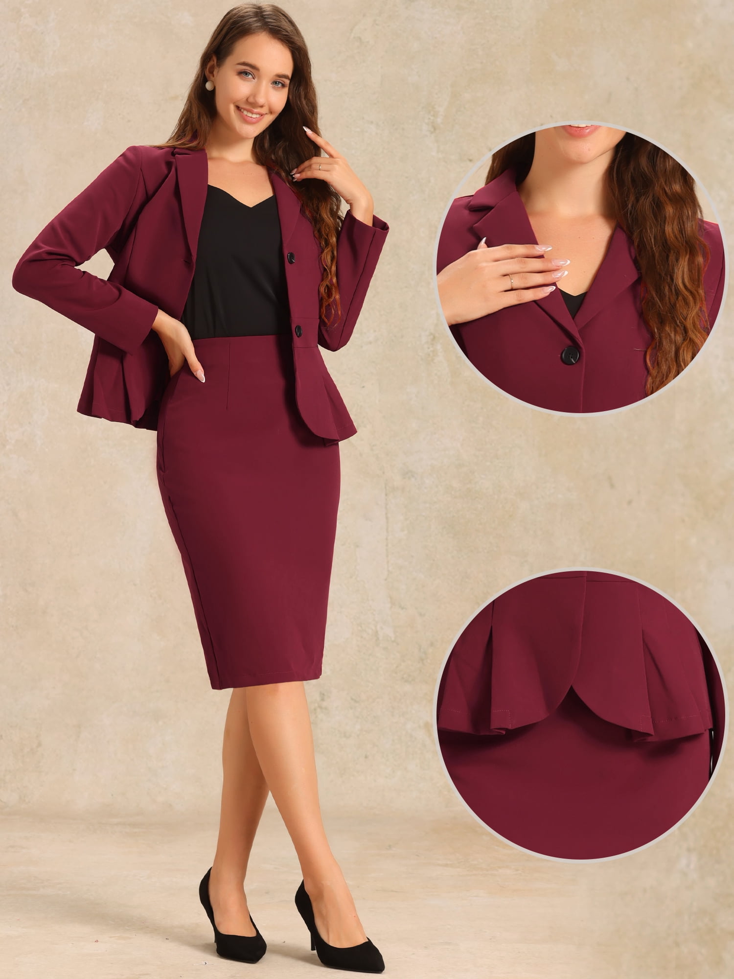 DARING DIVA Women's Peplum Blazer Pencil Skirt 2 Pcs Suit Set XL Wine Red