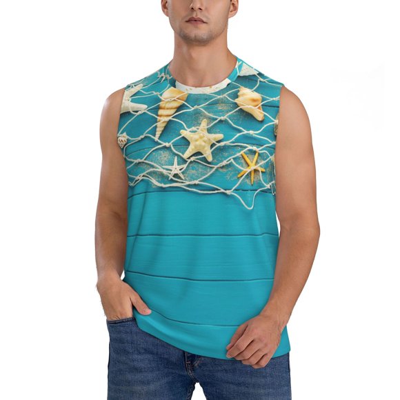 Kdxio Seashells And Fishing Net On Blue Wooden Table Men's Tank Top Muscle Workout Gym Shirts Casual Sleeveless Shirts-Medium