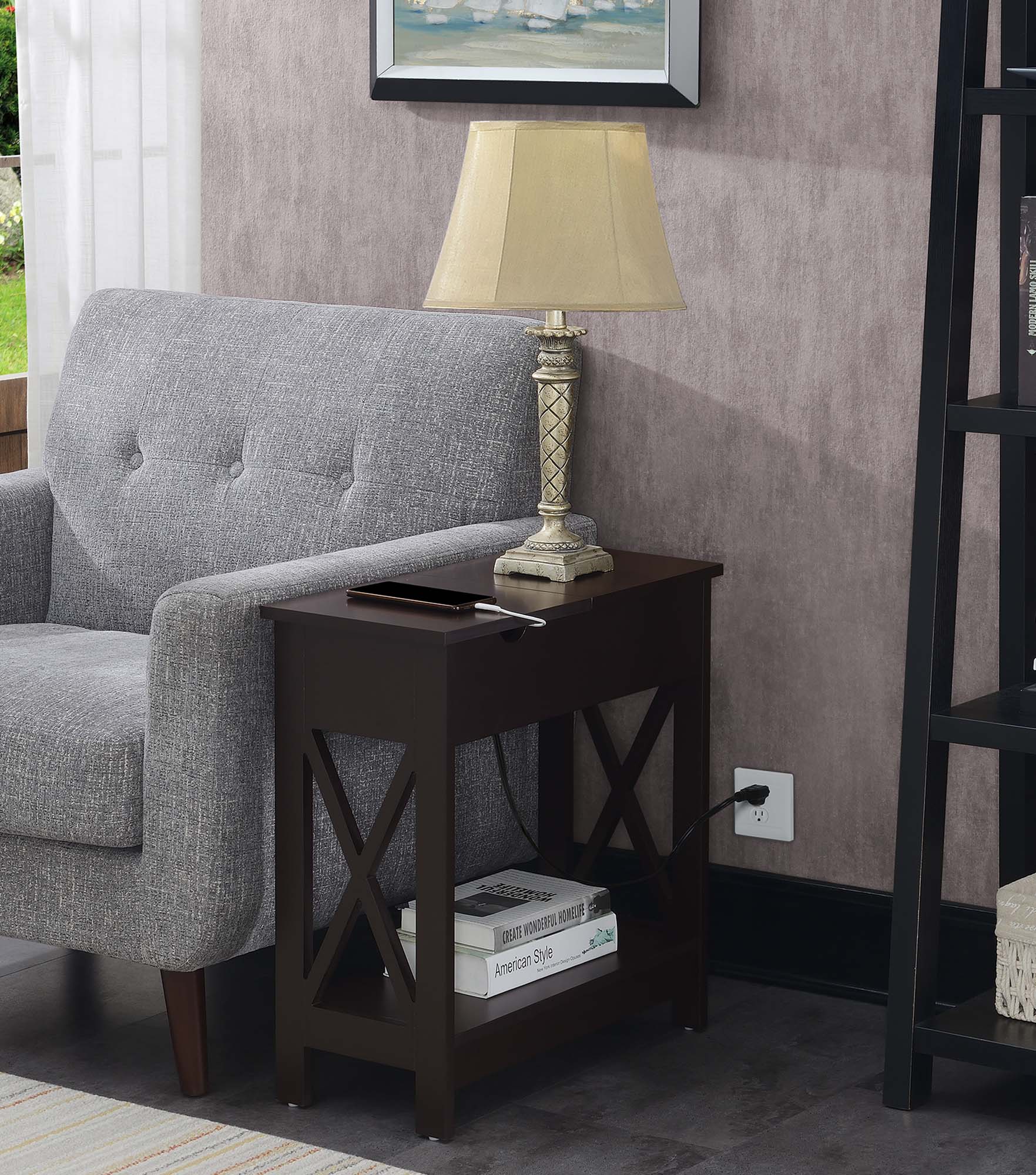 Convenience Concepts Oxford Flip Top End Table with Charging Station