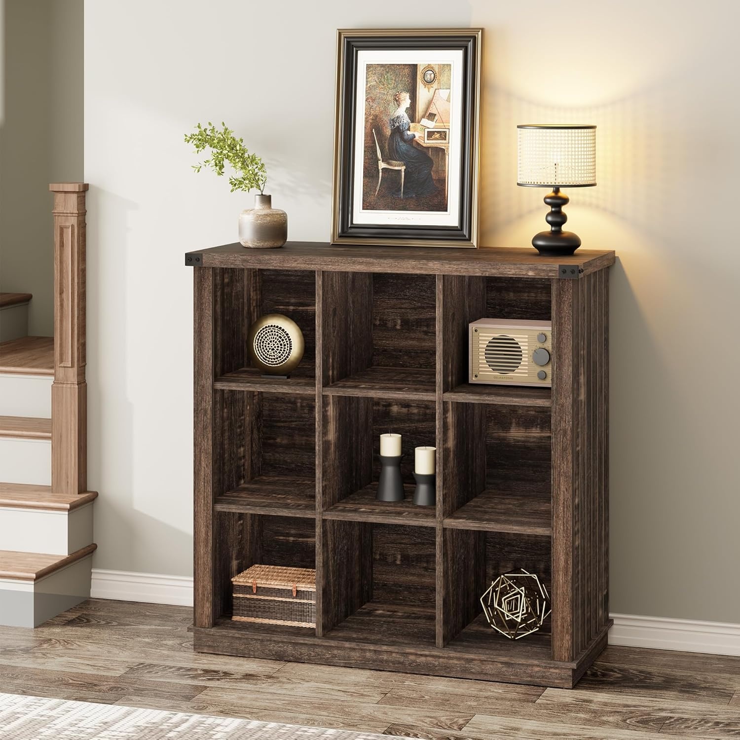 9 Cube Storage Organizer Bookshelf, 4 Tier Farmhouse Horizontal Bookcase, 37.4 Inch Wood Storage Bookcase for Entryway, Long Low Bookshelves for Living Room