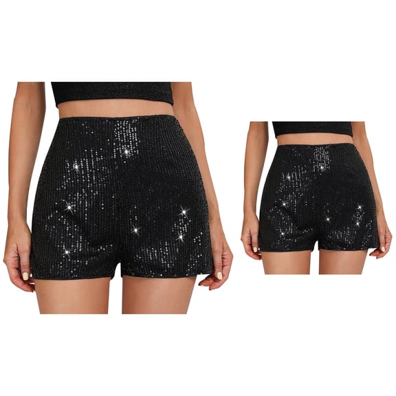 Women's Beaded & Sequin Sparkle Slim Fit High Waist A-Line Party Shorts – Mid Rise Straight Leg Sexy Solid Color Hot Pants with Elastic Waist