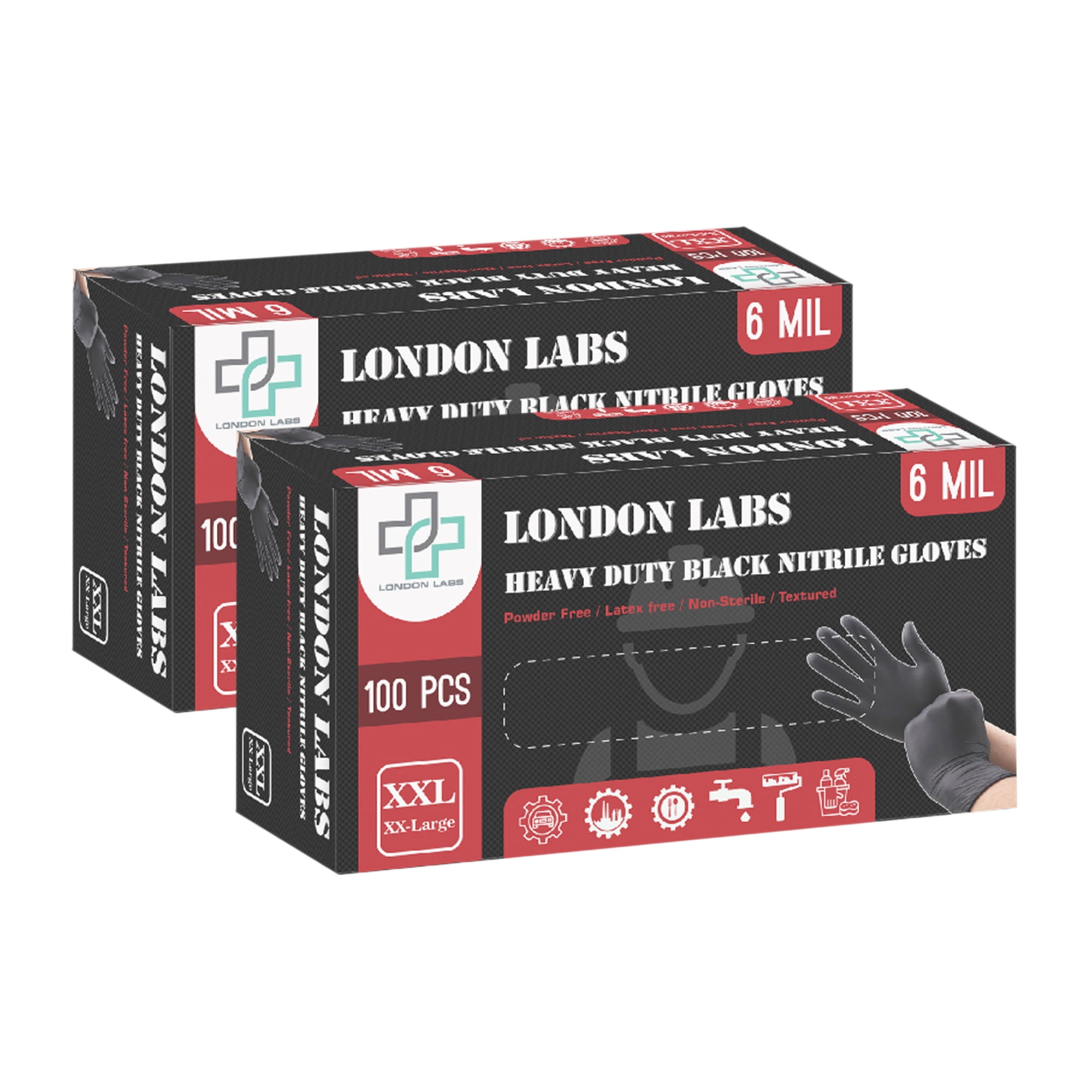 London Labs Heavy Duty Black Nitrile Gloves 6Mil Disposable Industrial Powder & Latex Free -XXLarge, 200 Count