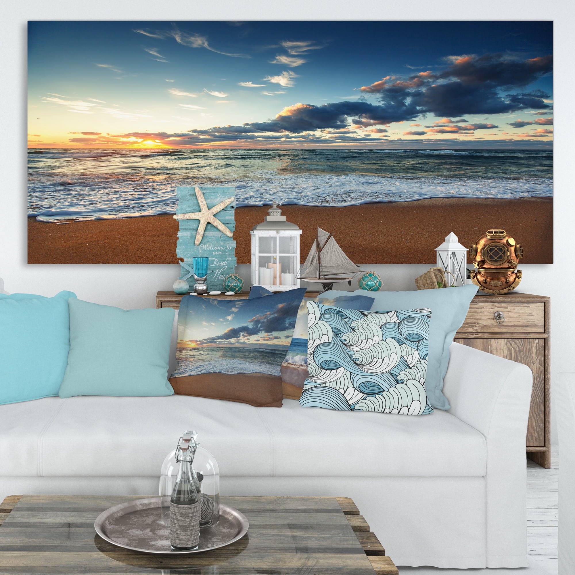 Designart 'Sunrise and Glowing Waves in Ocean ' Seascape Canvas Art Print