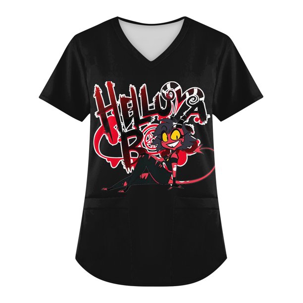 Hazbin Hotel Más Tamaño Impreso Scrub Uniforme de Trabajo Tops Para las mujeres V-cuello de Navidad Imprimir Manga Corta Diversión Camisetas Ropa de trabajo Camiseta con bolsillos Negro/3XL