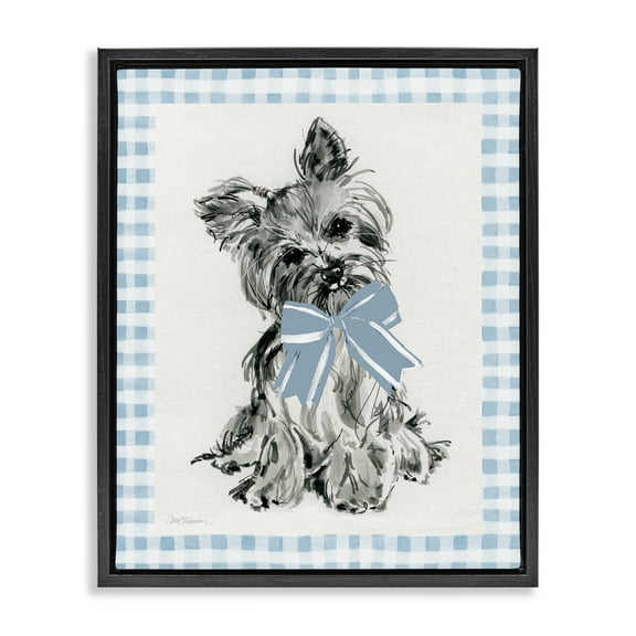Stupell Industries Yorkie with Plaid Border Animals Painting Black Floater Framed Canvas Art Print Wall Art, 17 x 21