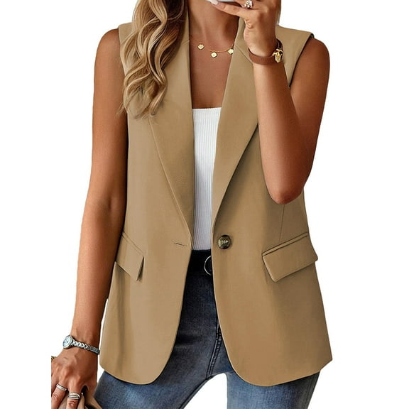 Women'S Summer Sleeveless Vest Tops Fashion Casual Work Office with Pockets Khaki S