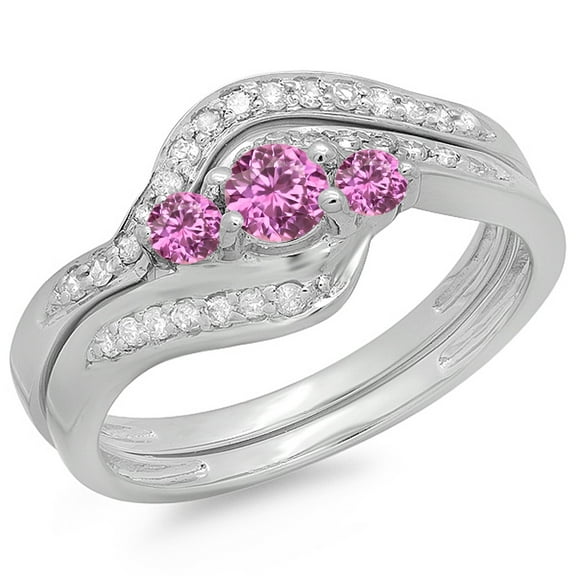 Dazzlingrock Collection 14K Round Pink Sapphire And White Diamond Swirl Bridal 3 Stone Engagement Ring Set, White Gold, Size 5.5