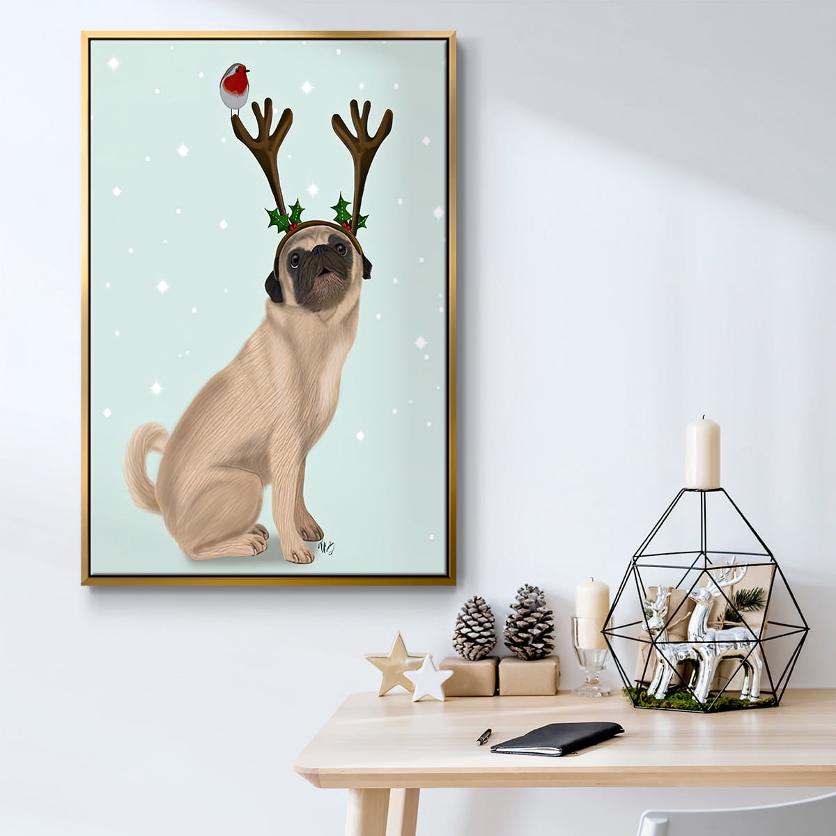 Christmas Pug with Antlers and Robin - Framed Gallery Wrapped Holiday Canvas - 17 x 25 - Gold Frame