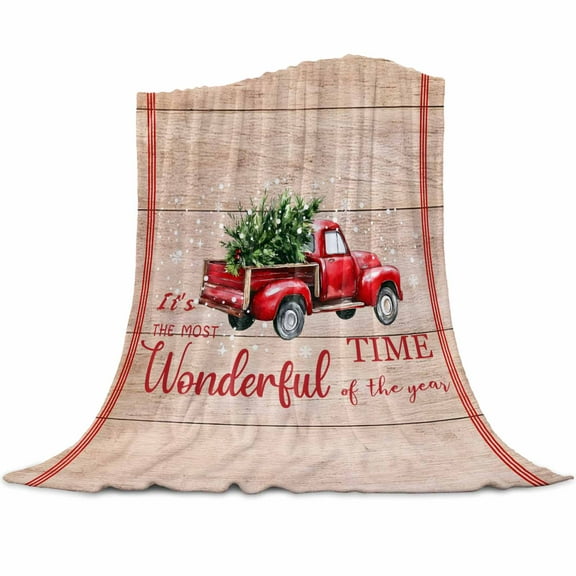 Red Truck Christmas Flannel Blanket for Bed,Travel and Camping, Snowflakes Christmas Tree Brown Wood Super Soft Cozy Blanket for All Seasons 50" x 60"