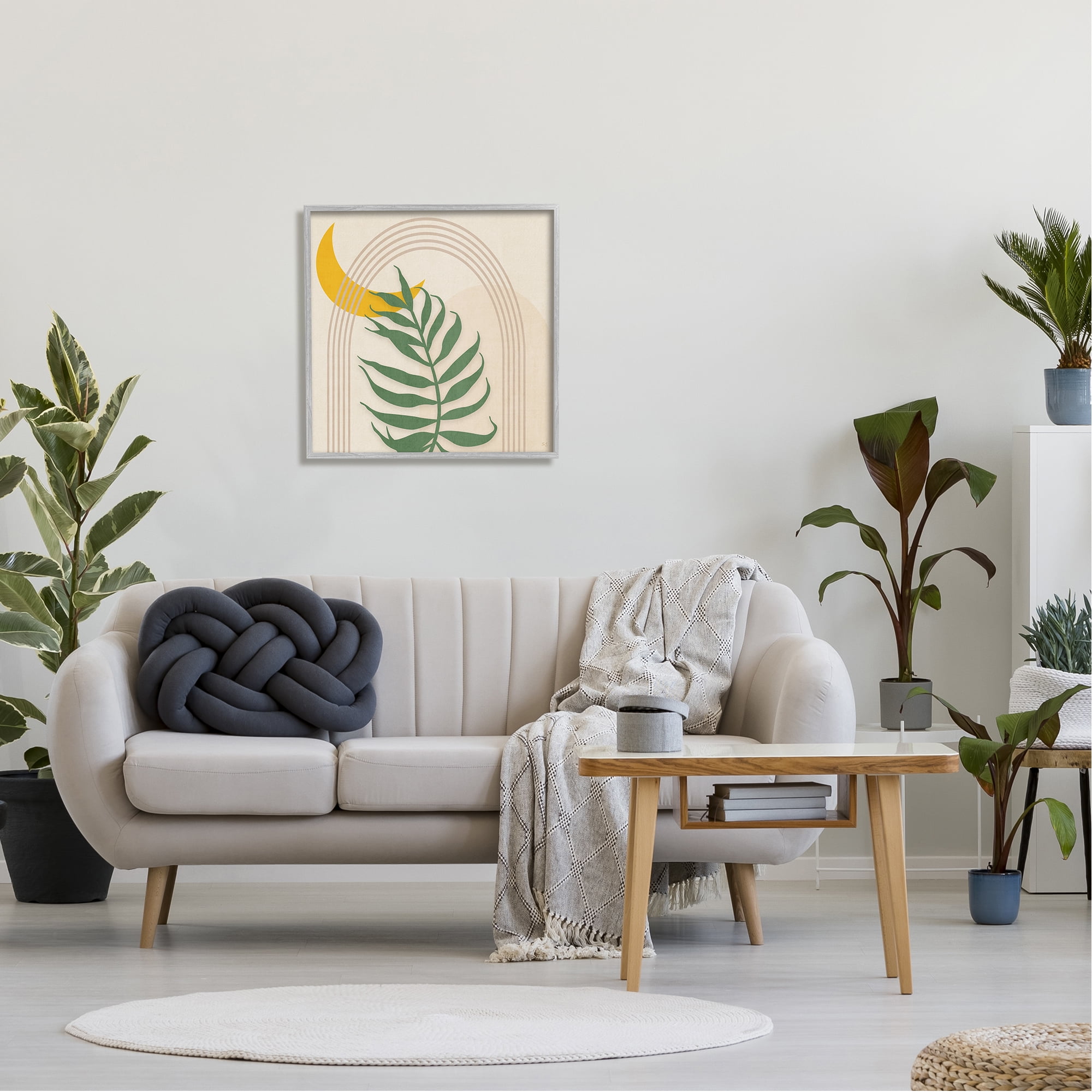 Stupell Industries Fern on Beige with Moon Botanical & Floral Painting Gray Framed Art Print Wall Art, 24 x 24