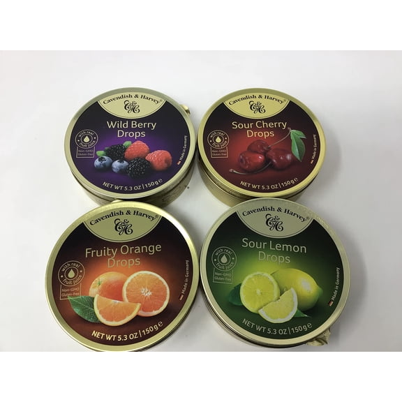 Cavendish & Harvey | Variety Flavor Hard Candy Drops | Orange, Wild Berry, Sour Lemon, & Sour Cherry | 5.3 Ounce Tins - 4 Pack