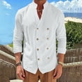 thumbnail image 4 of hoksml Men's Mandarin Collar Double Breasted Long Sleeve Linen Blend Shirt Breathable Loose Fit Casual Beach Button Down Shirt, 4 of 8