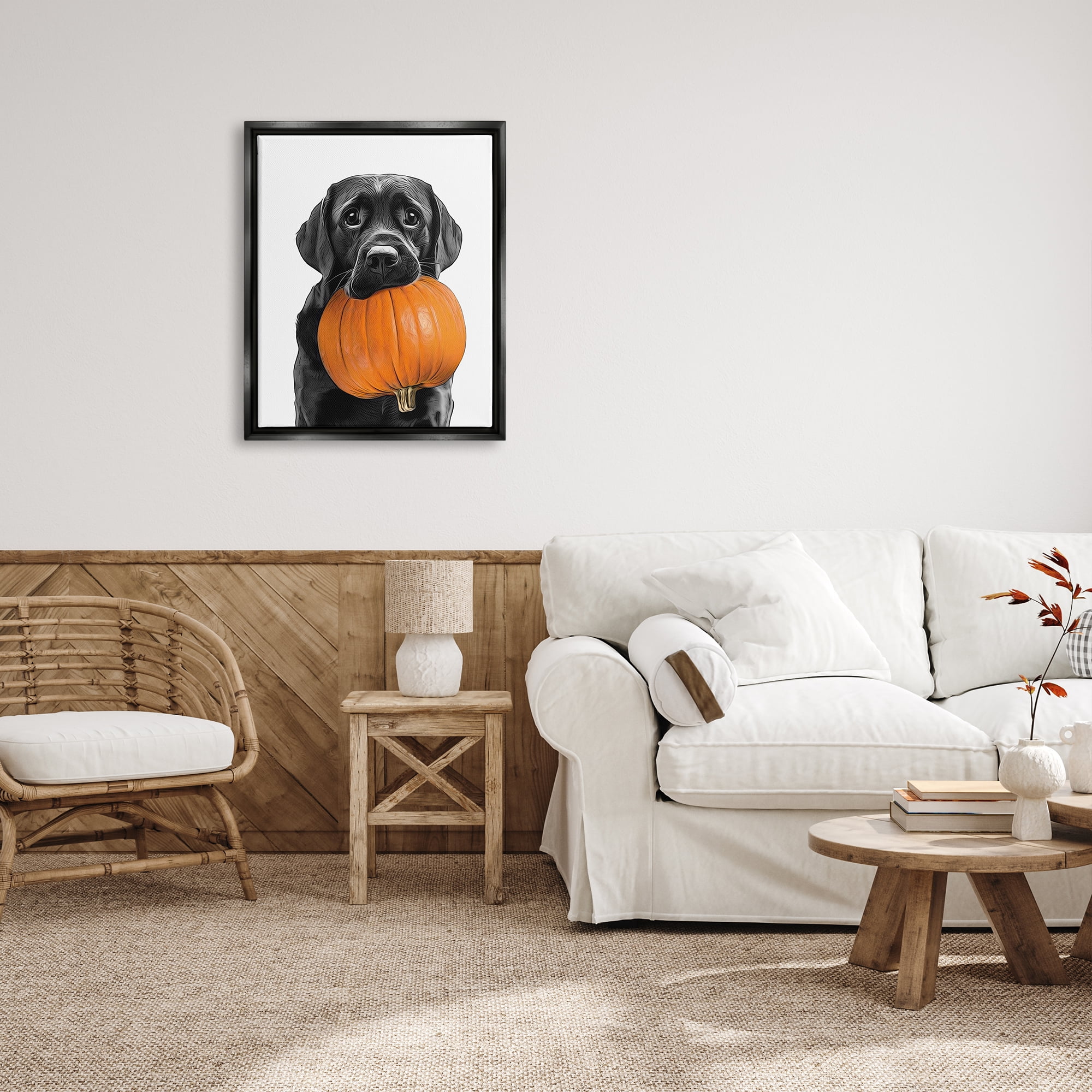 Stupell Industries Lab Dog with Pumpkin Holiday Painting Black Floater Framed Canvas Art Print Wall Art, 25 x 31