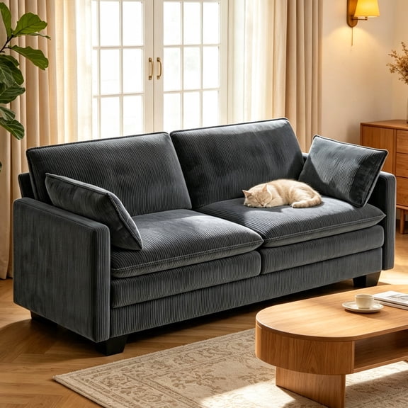 Loveseat Sofa, Lofka 74.8" Cloud Couch for Living Room with Deep Seat, Corduroy for Small Space, Dark Gray