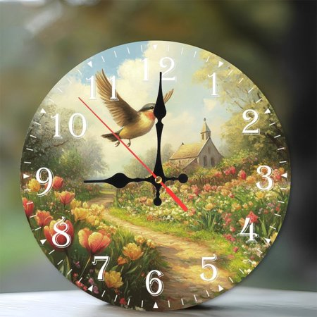 10-Inch Silent Wooden Wall Clock, Bird Flies over Garden Path Church Silent Non-Ticking Clock, Battery Operated (AA Batteries Not Included), Artistic Home Decor